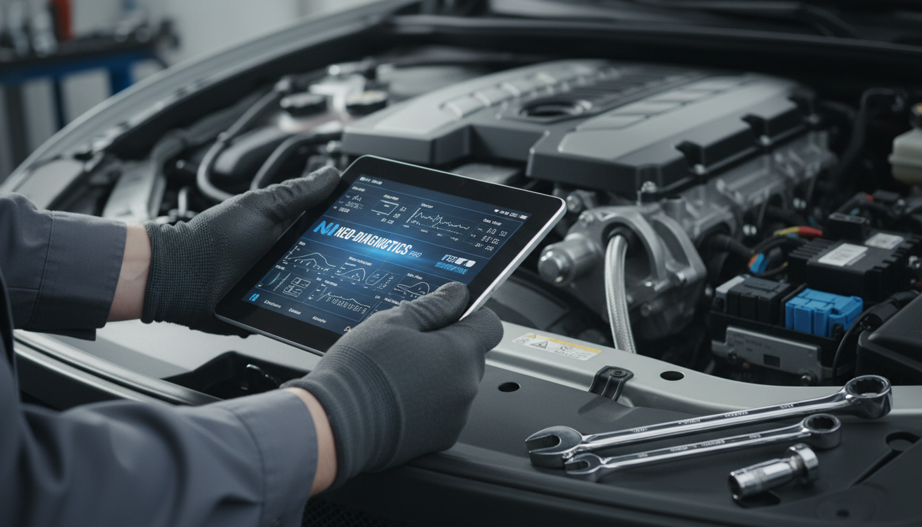 Professional automotive technician with diagnostic equipment